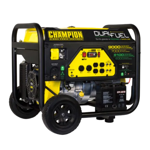 Yellow and black Champion dual-fuel portable generator with wheels.