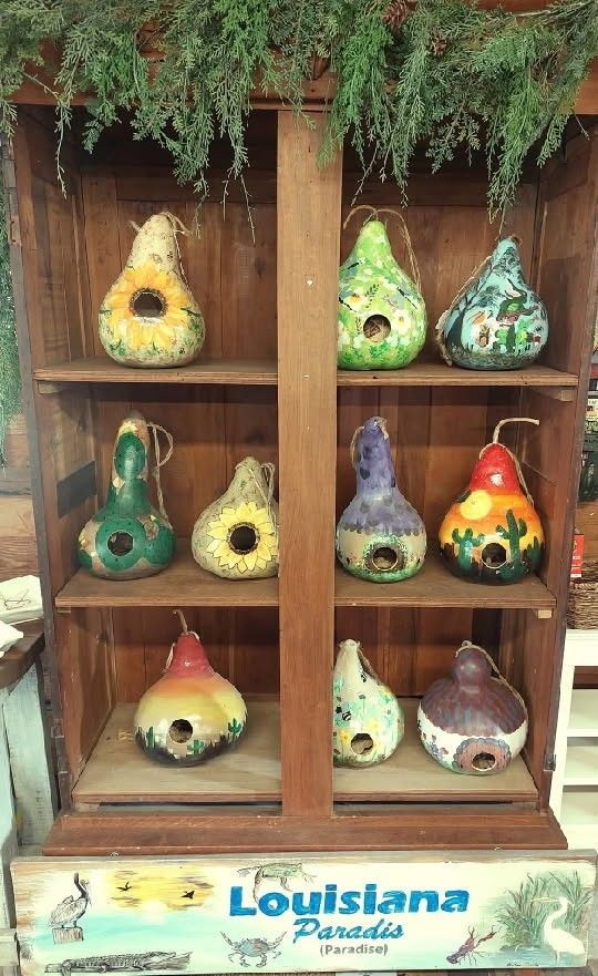 Shelf of colorful gourd birdhouses with hanging greenery above and a Louisiana sign below