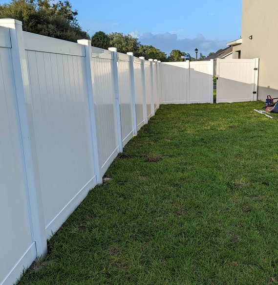 White vinyl fence in a backyard with green grass.