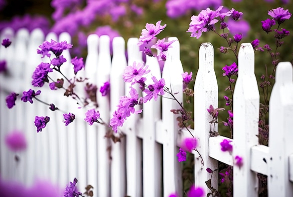 White picket fence with vibrant purple flowers blooming.