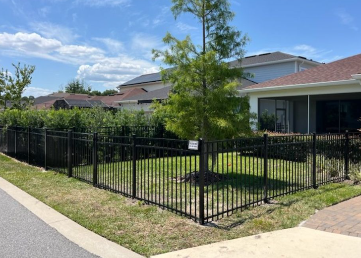 Black metal fence surrounds a grassy yard with a tree in a suburban setting under a blue sky.