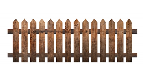 Wooden picket fence against a white background.