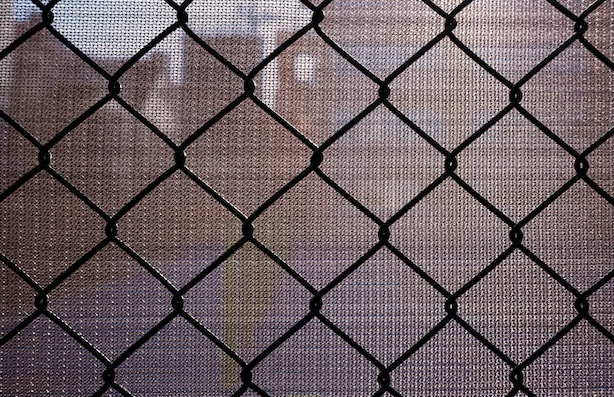 Black chain link fence with a muted, blurry background.