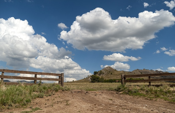 Dirt road through a wooden gate, leading to grassy hills under a blue sky with puffy clouds.