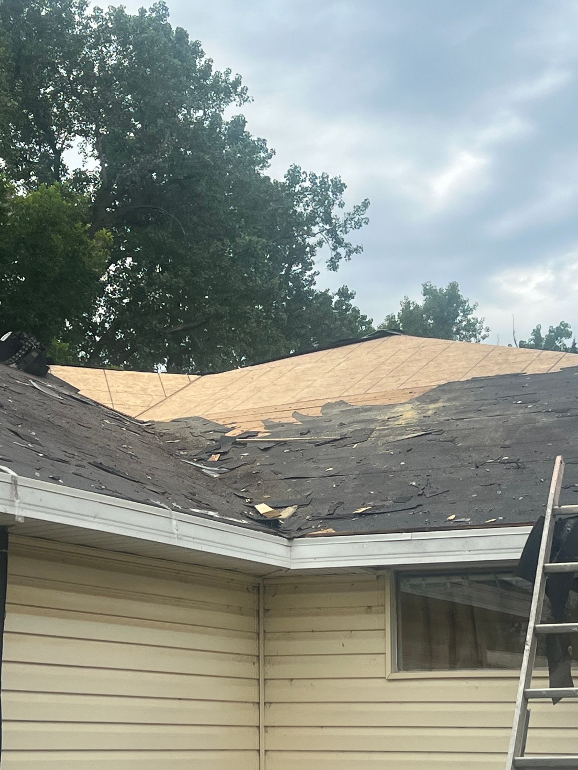 Roof partially covered with new wood and old shingles, a ladder is in view.
