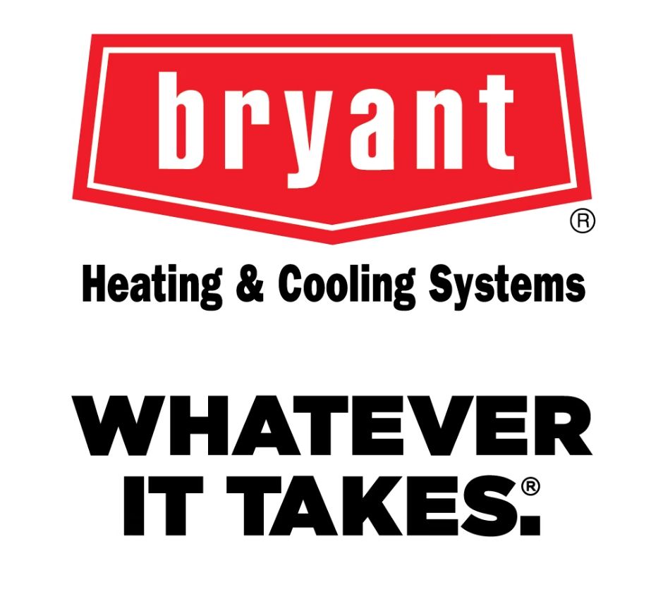 Bryant logo in red and white. Red pentagon shape with white border, 