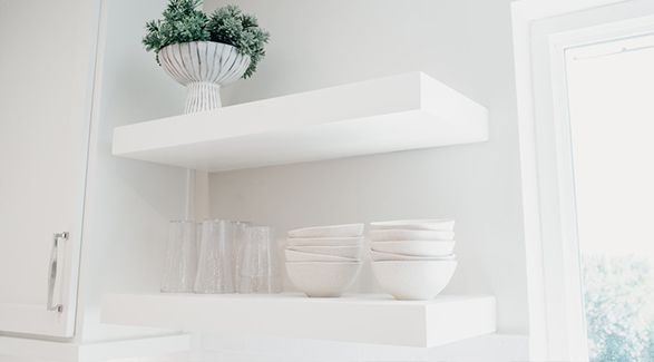 Kitchen shelves with glass and bowl