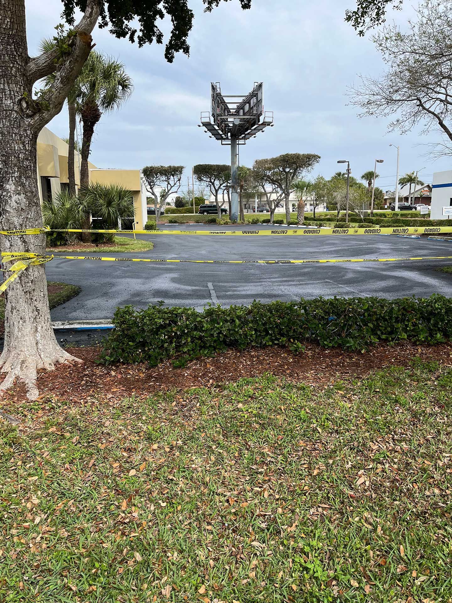 a parking lot with a tree in the foreground and a building in the background