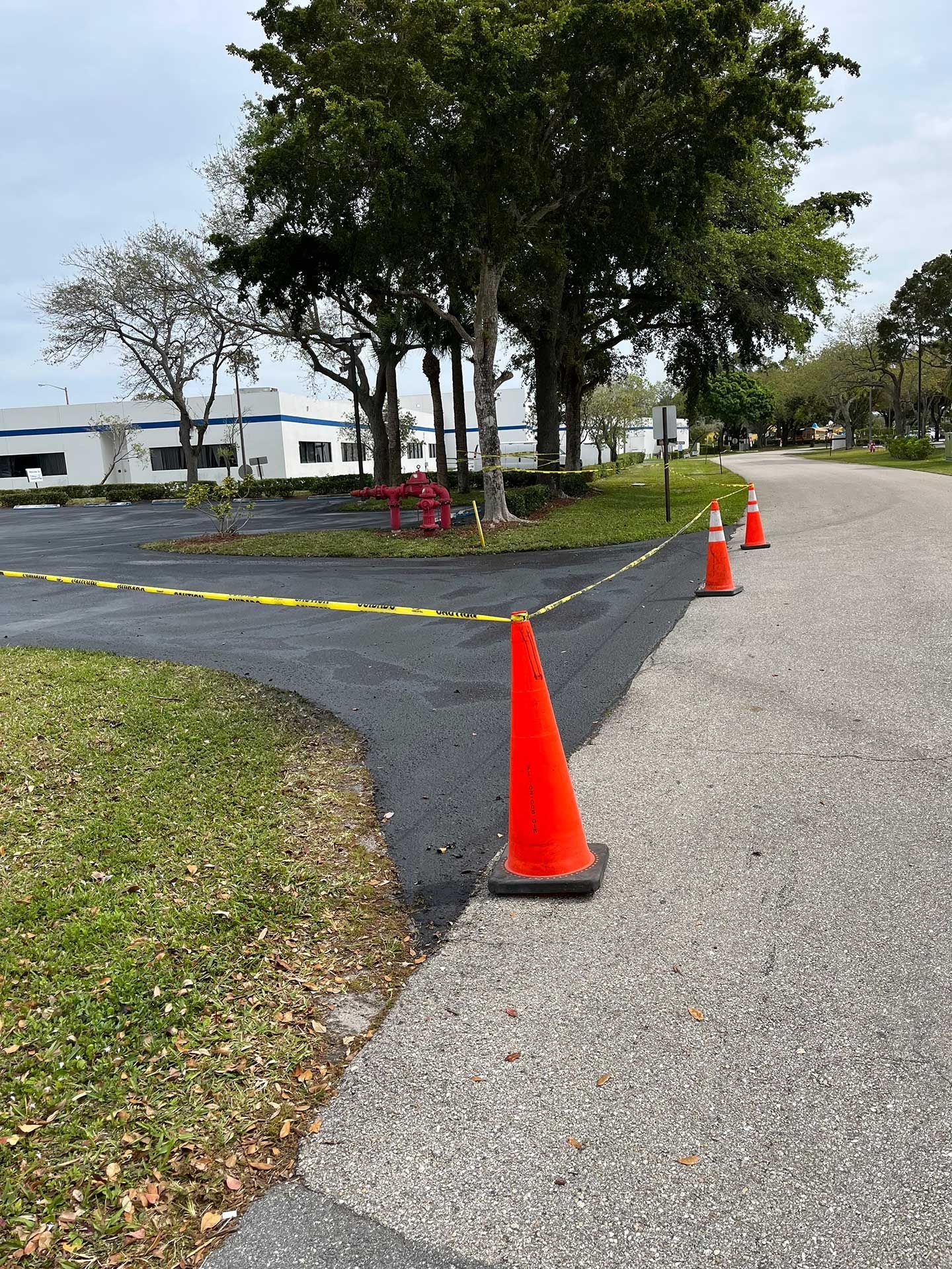 a row of orange traffic cones around the newly paved parking lot