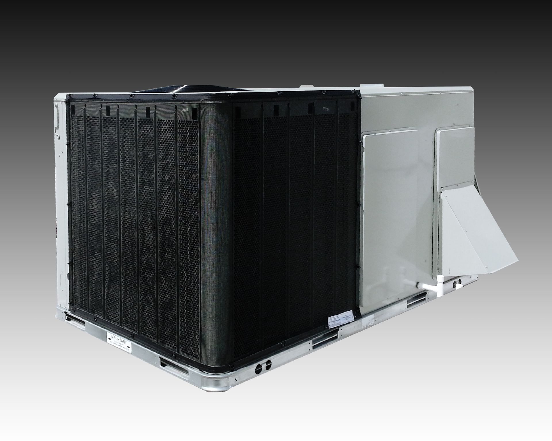 A black and white air conditioner is sitting on a white surface.