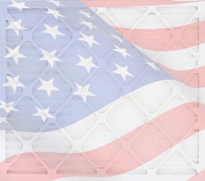 American flag image superimposed over a picture of an HVAC filter