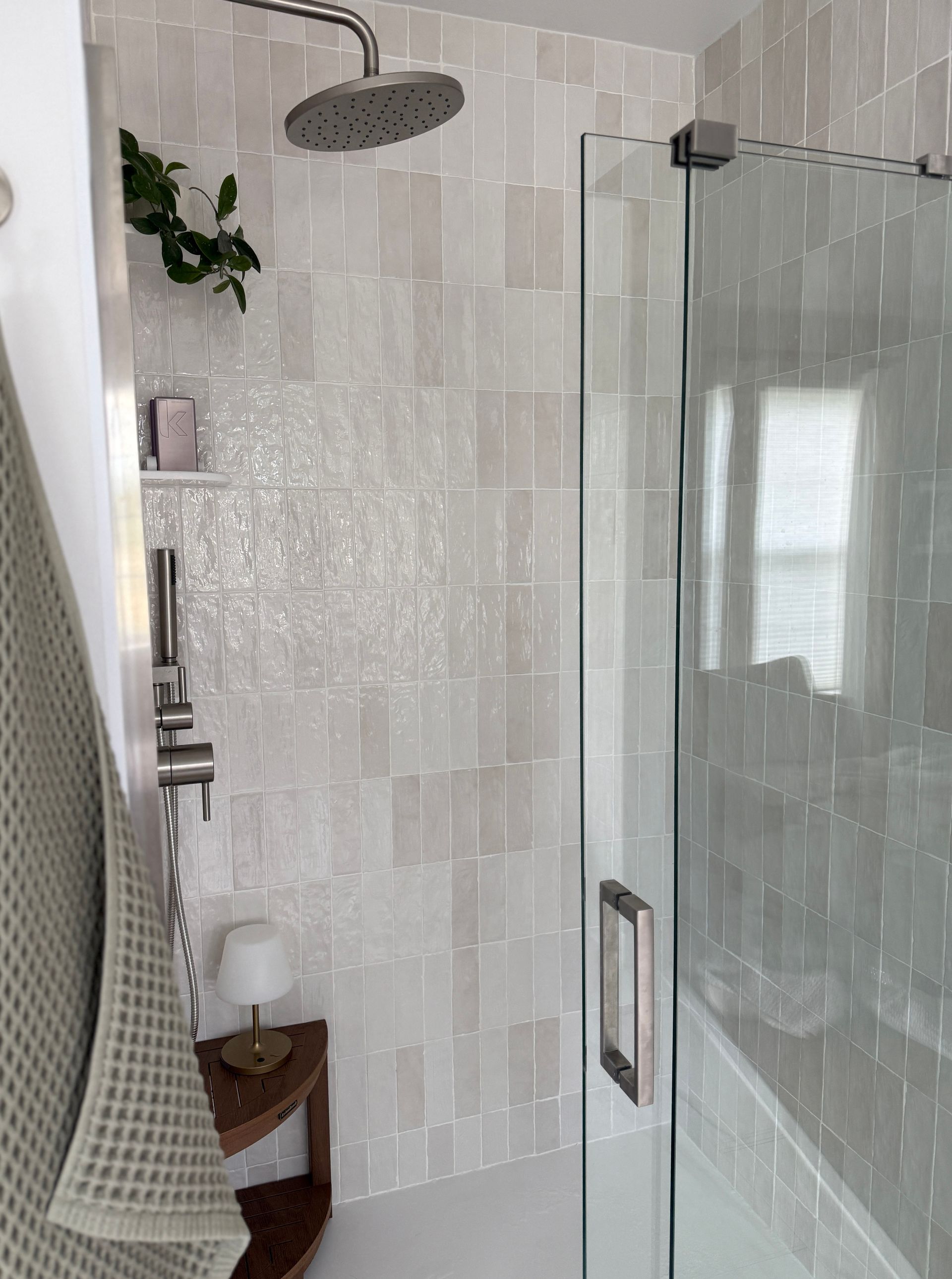 Modern tiled shower with glass door, rainfall showerhead, and a small wall shelf with plants.