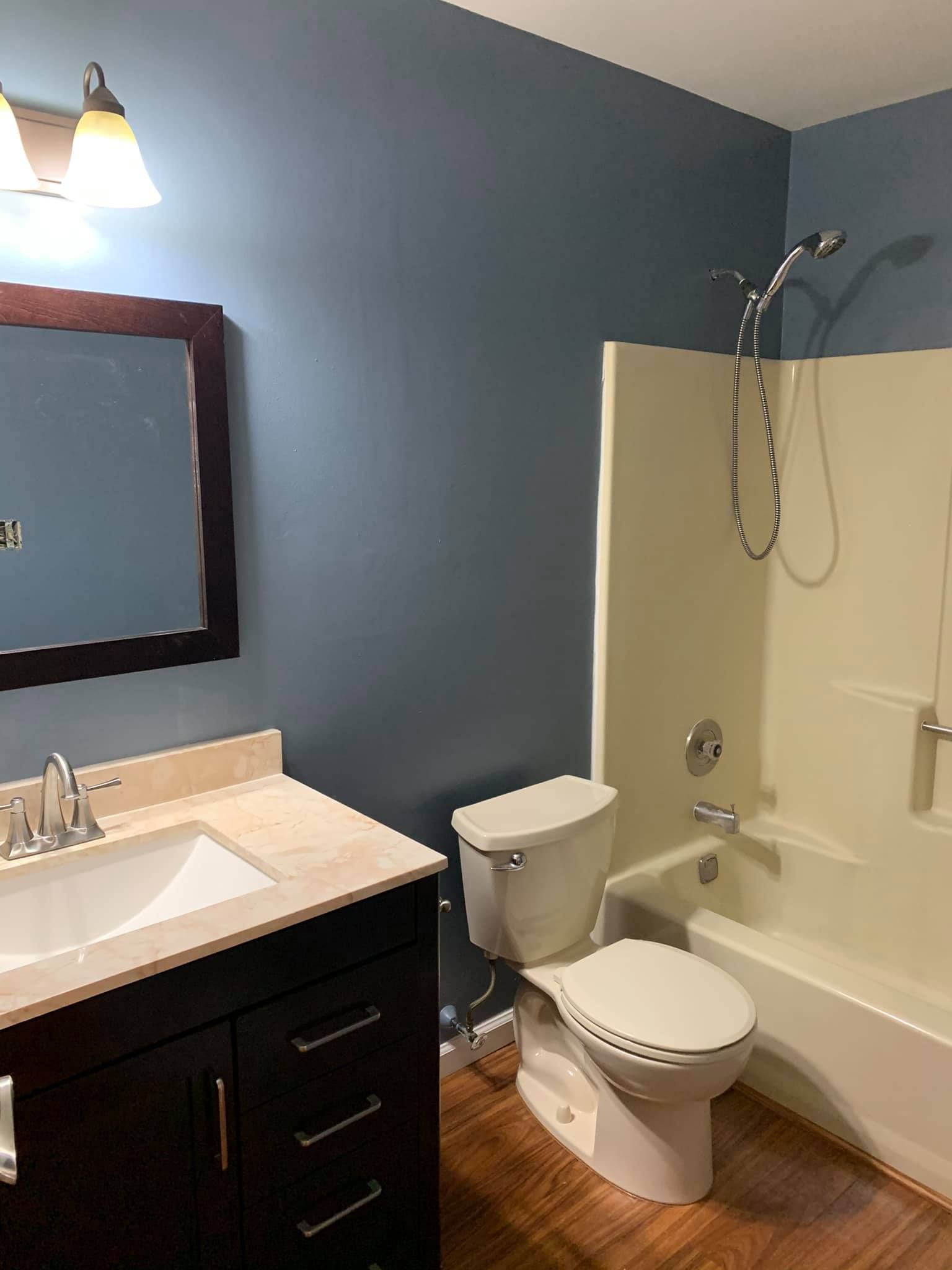 A bathroom with a toilet , sink , bathtub and shower.