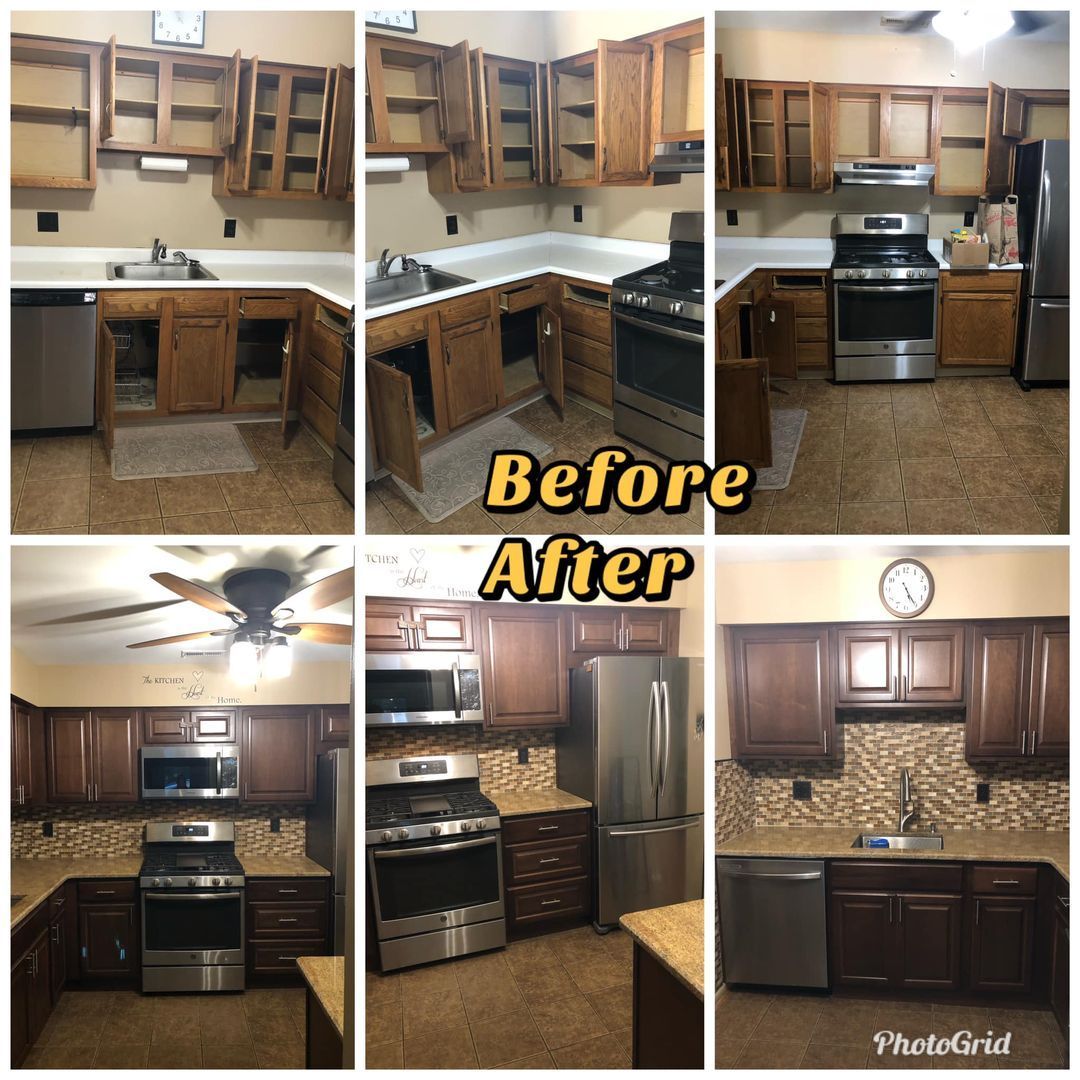 A before and after photo of a kitchen with stainless steel appliances