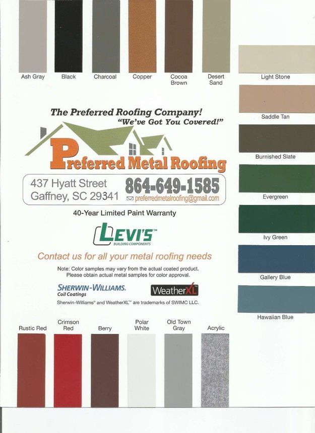 A brochure for preferred metal roofing shows a variety of roof colors.