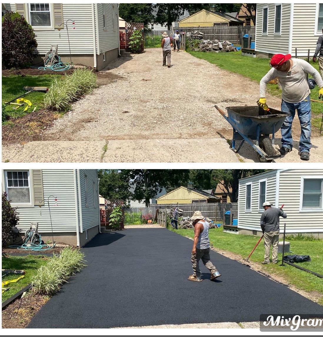 Before-and-after of driveway paving. Top: gravel driveway with workers. Bottom: paved, black driveway.