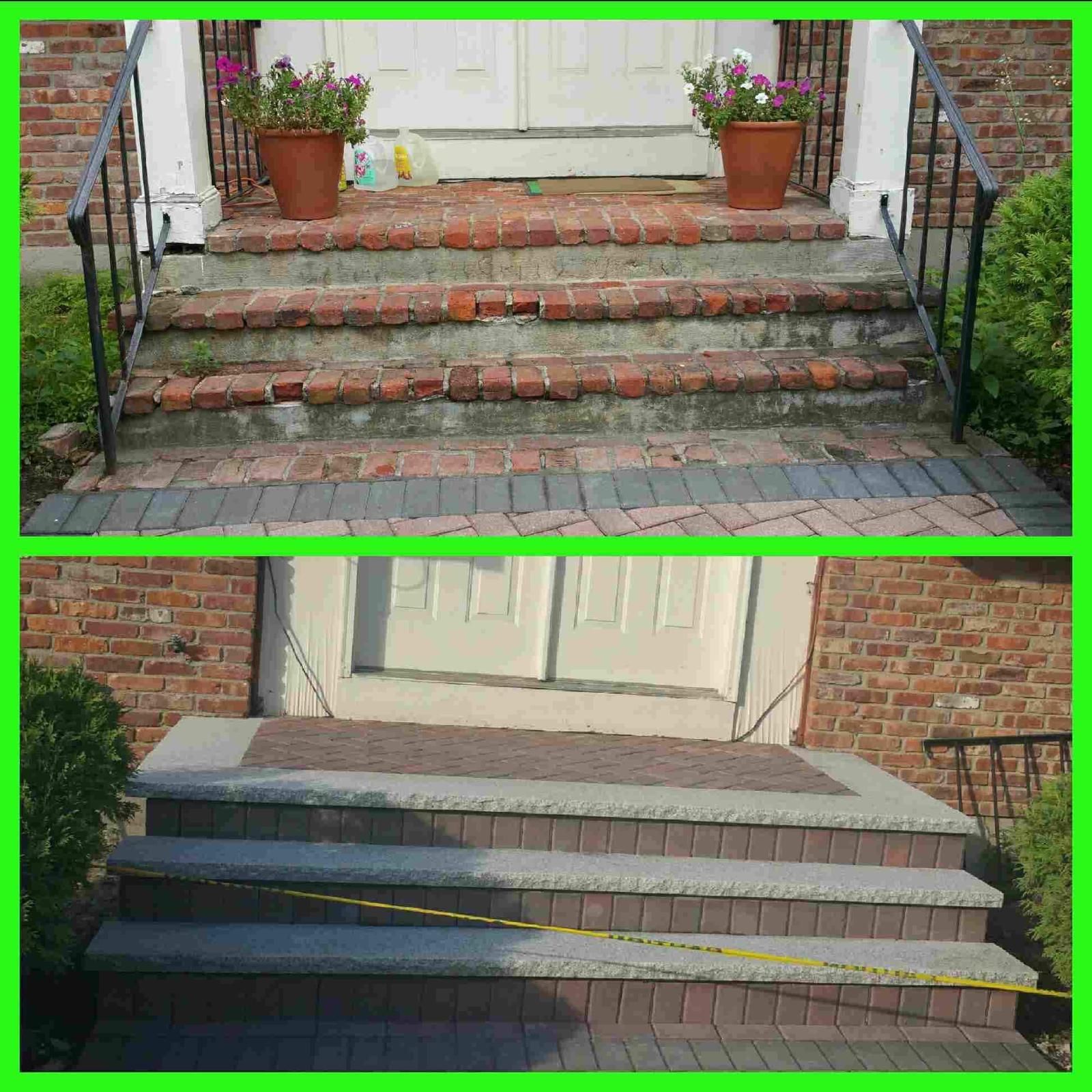 Before and after photos of a brick front porch. Top: damaged steps. Bottom: repaired steps with new stone.