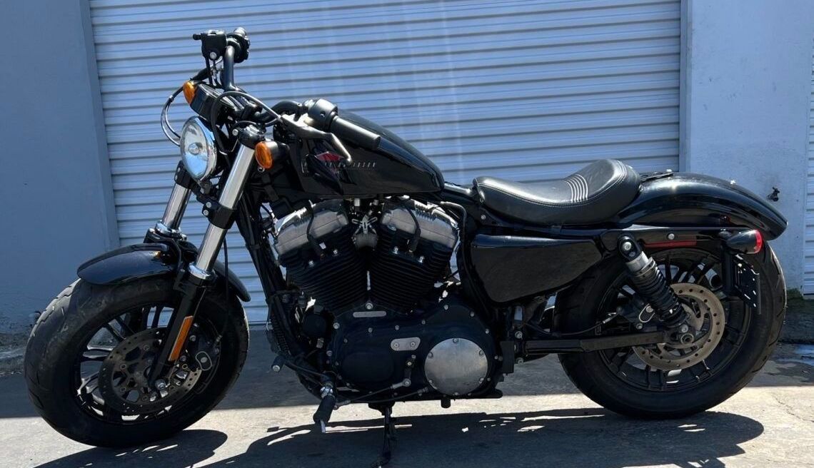A black harley davidson motorcycle is parked in front of a garage door.