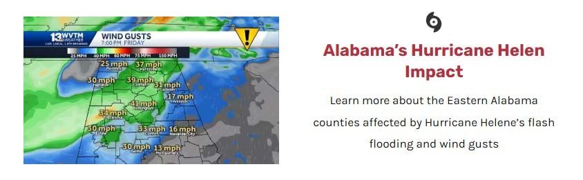 Weather map for Alabama showing Hurricane Helen’s impact with potential flooding and wind gusts.