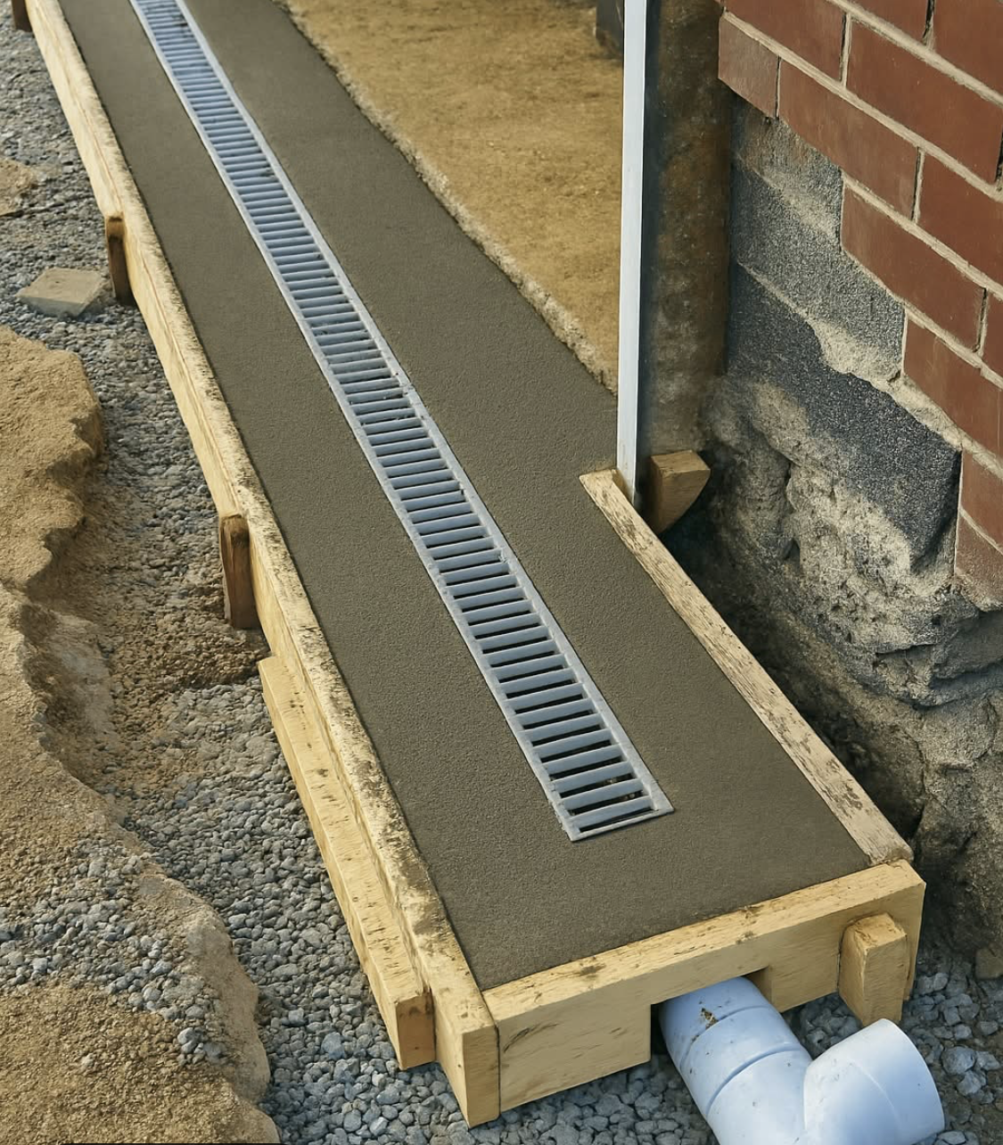 Concrete trench drain with metal grate installed along a building's foundation, connected to a white drain pipe.