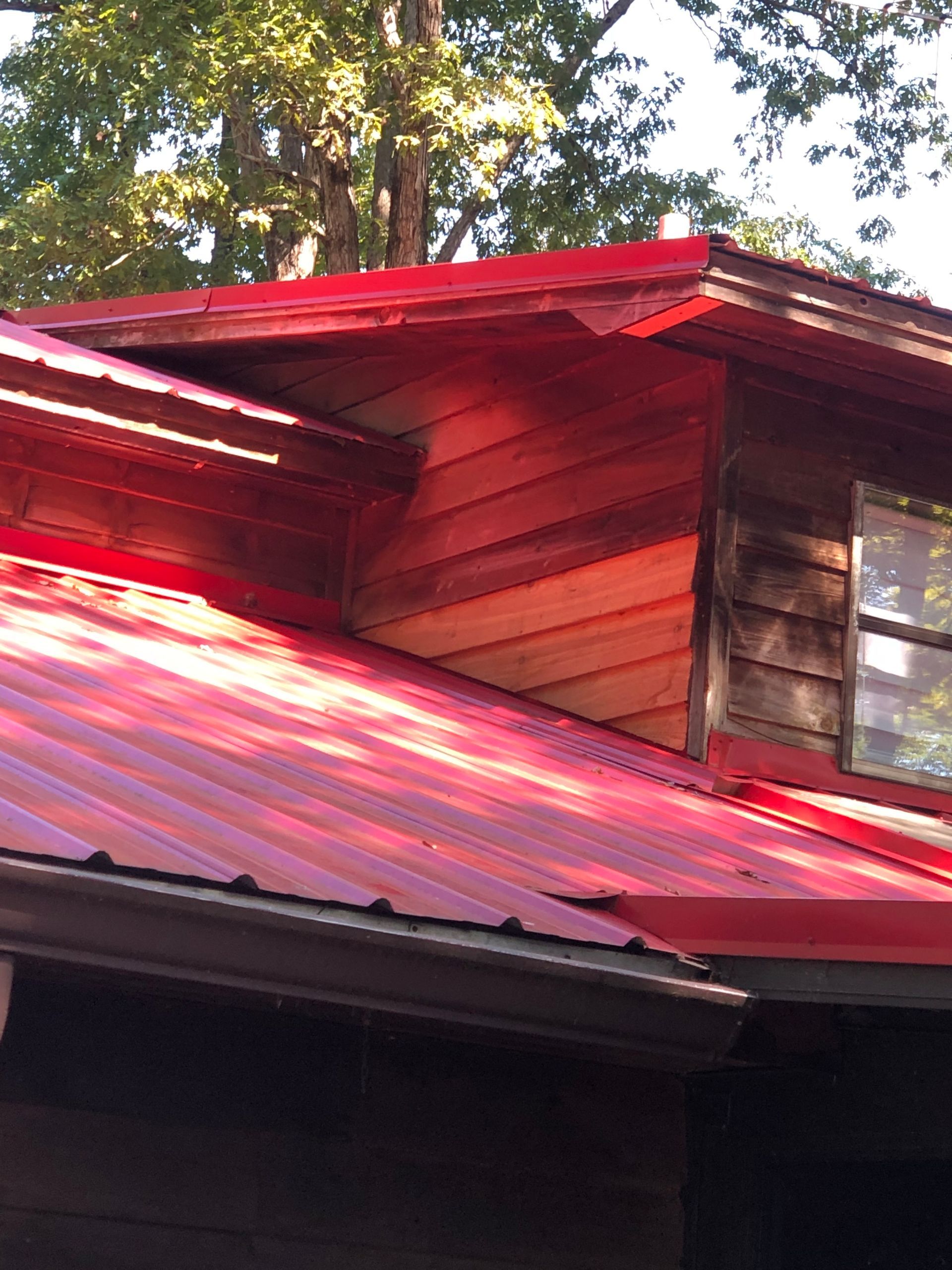 Red metal roof on a wooden building with a window, surrounded by trees.