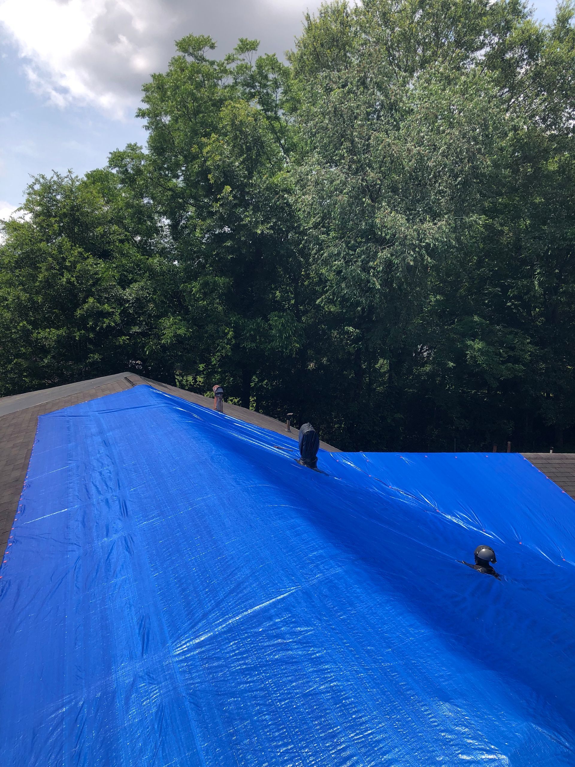 Blue tarp covering a roof, two black vent pipes, green trees and cloudy sky in background.