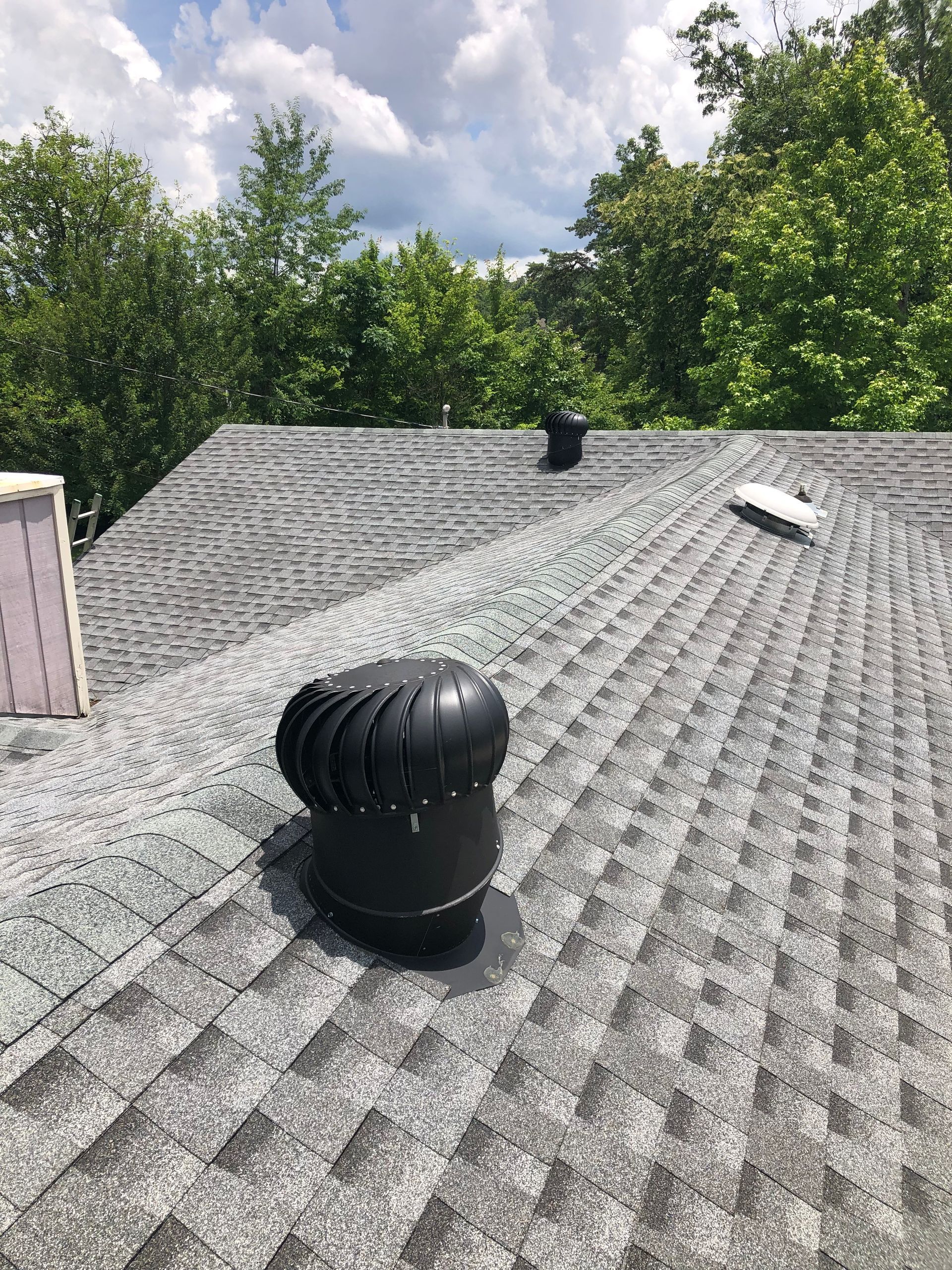 Black roof turbine vent on a gray shingle roof, surrounded by trees under a partly cloudy sky.