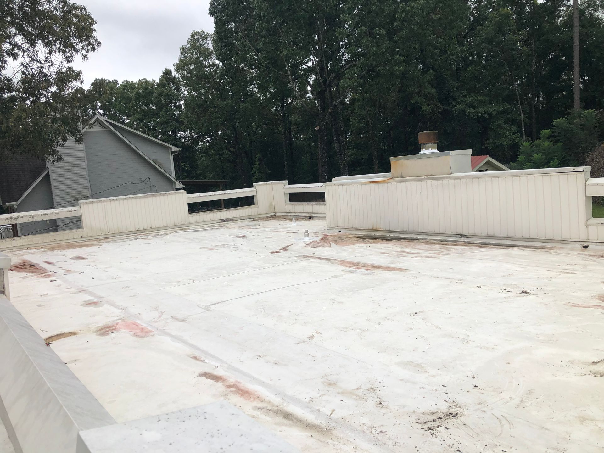 Flat white roof with white trim and a chimney against a backdrop of green trees and gray sky.