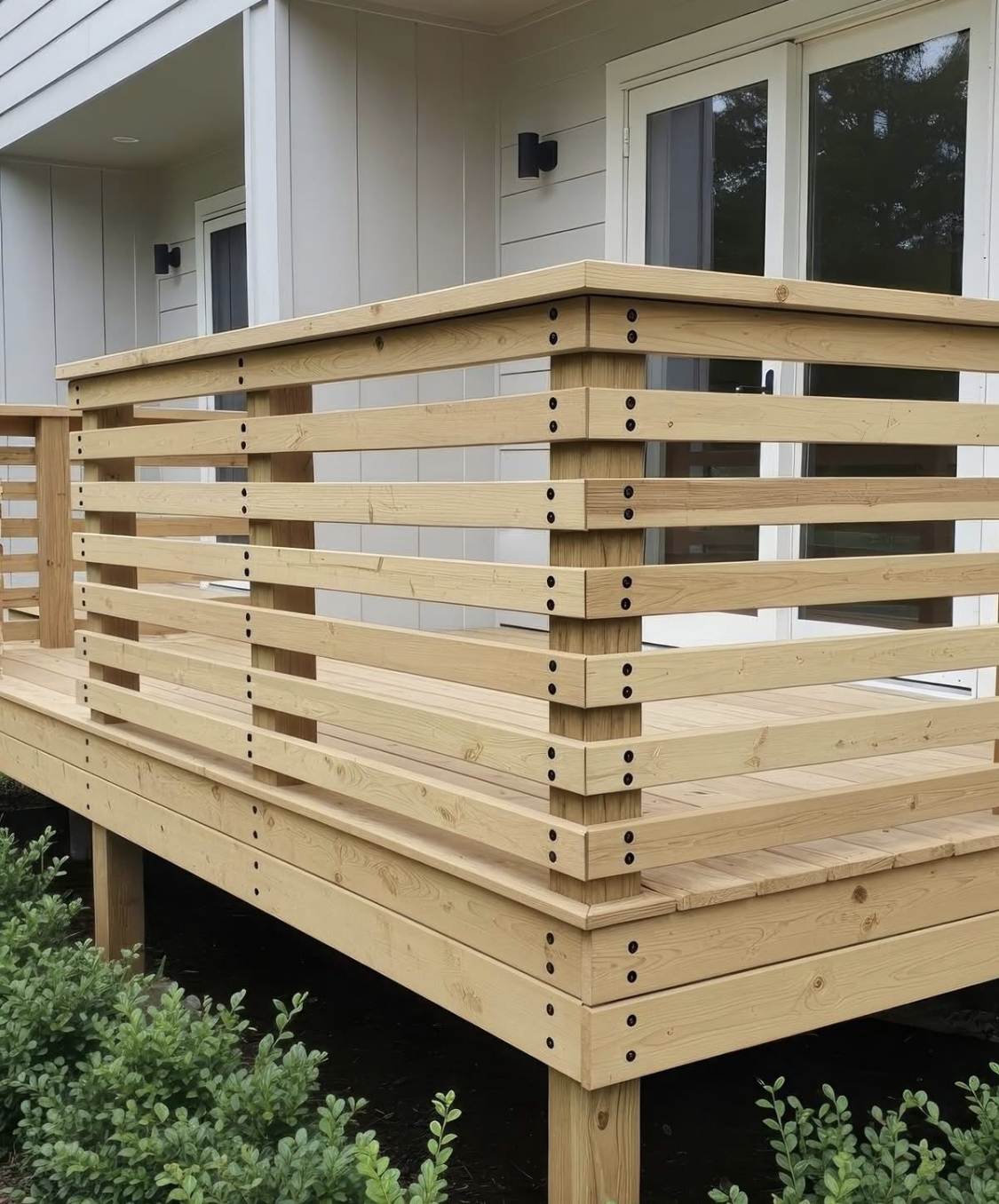 Wooden deck with horizontal railings outside a building.