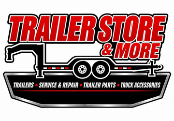 Trailer Store & More logo with black, white, and red trailer graphic and service text below