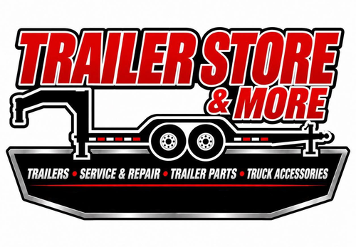 Trailer Store & More logo with black, white, and red trailer graphic and service text below