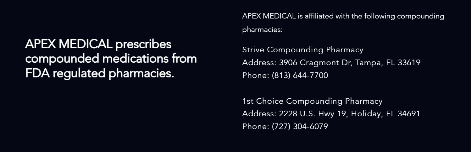 A black background with text that says apex medical prescribes compounded medications from fda regulated pharmacies