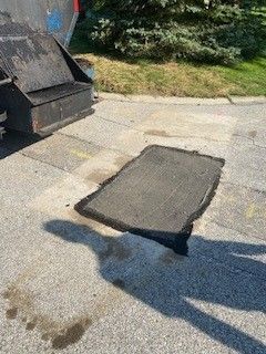 A black mat is sitting on the side of the road next to a truck.