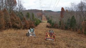 Two tractors are cutting grass in a field.