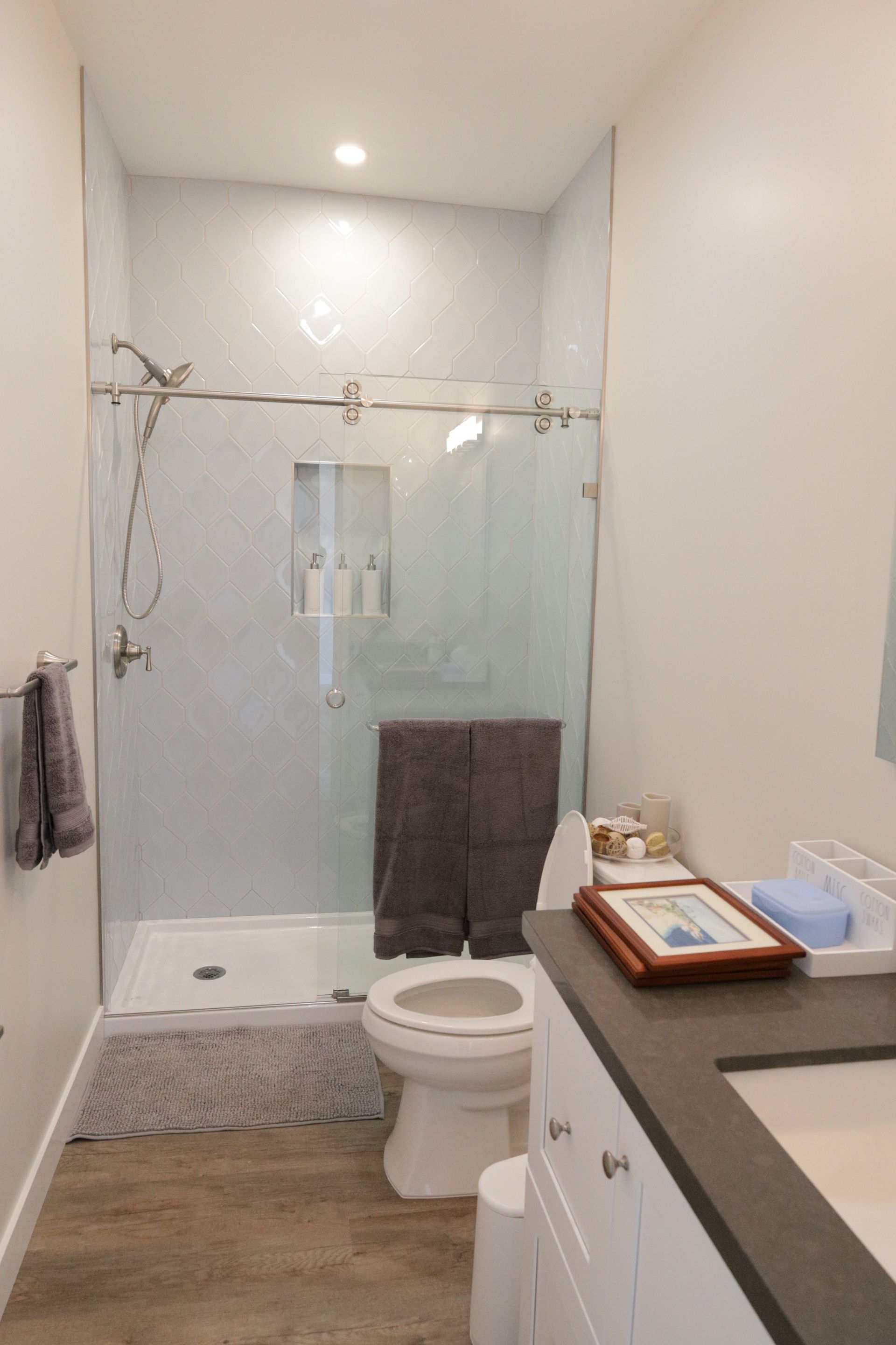 Modern bathroom with glass shower, toilet, vanity counter, and gray decor