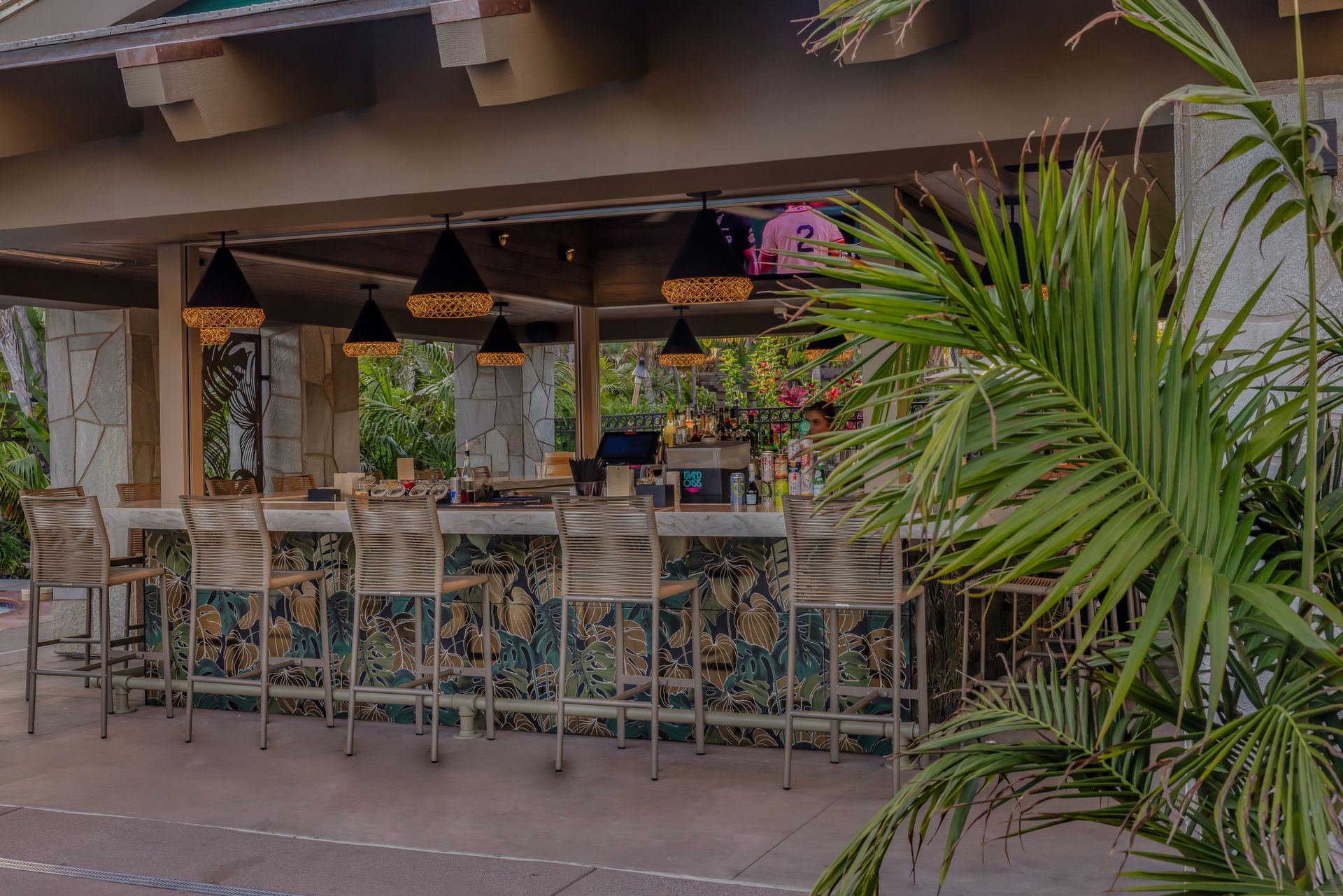 Outdoor bar with wooden stools, hanging plants, and a palm frond in front
