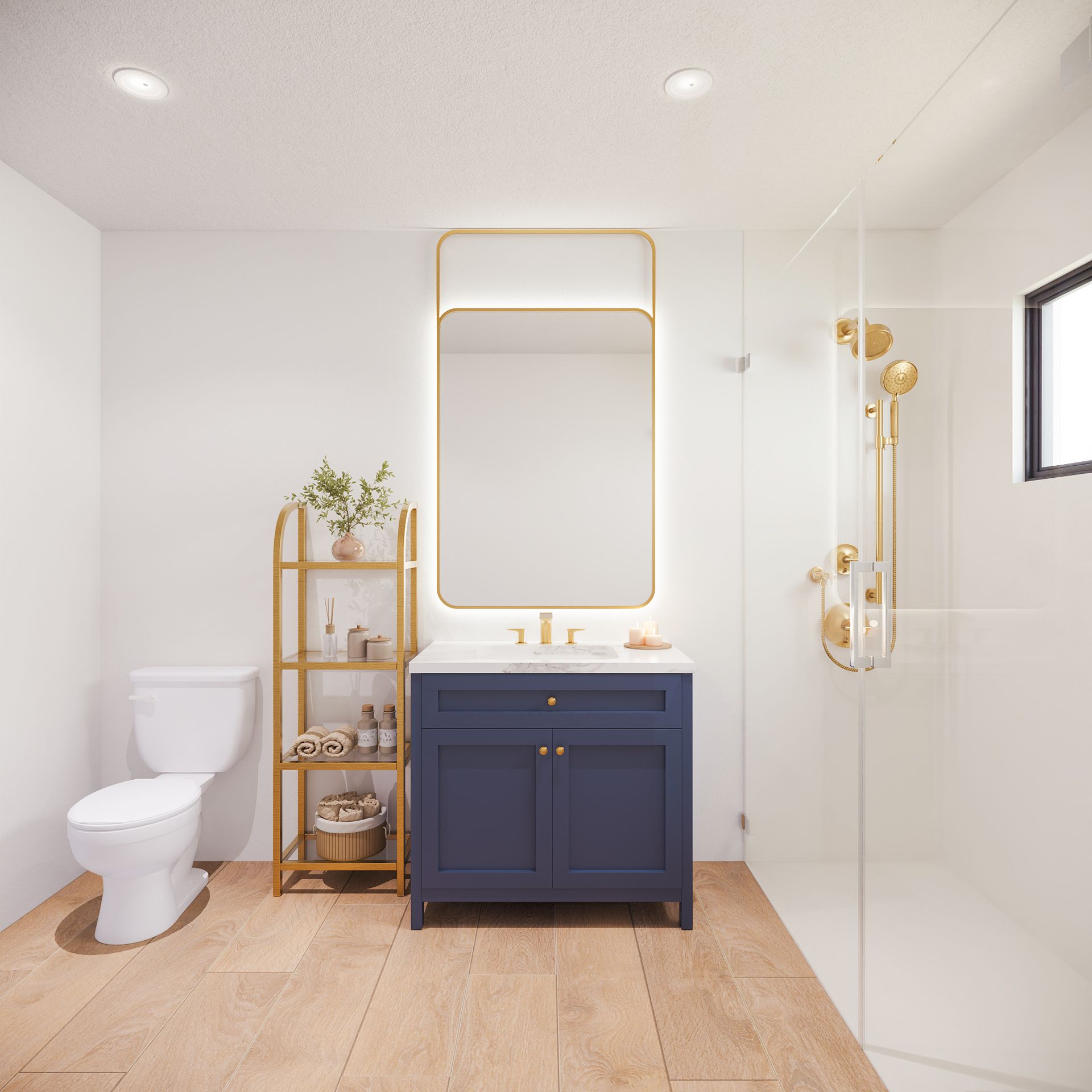 Bright modern bathroom with white walls, wood floor, navy vanity, gold mirror, shelf, toilet, and glass shower.