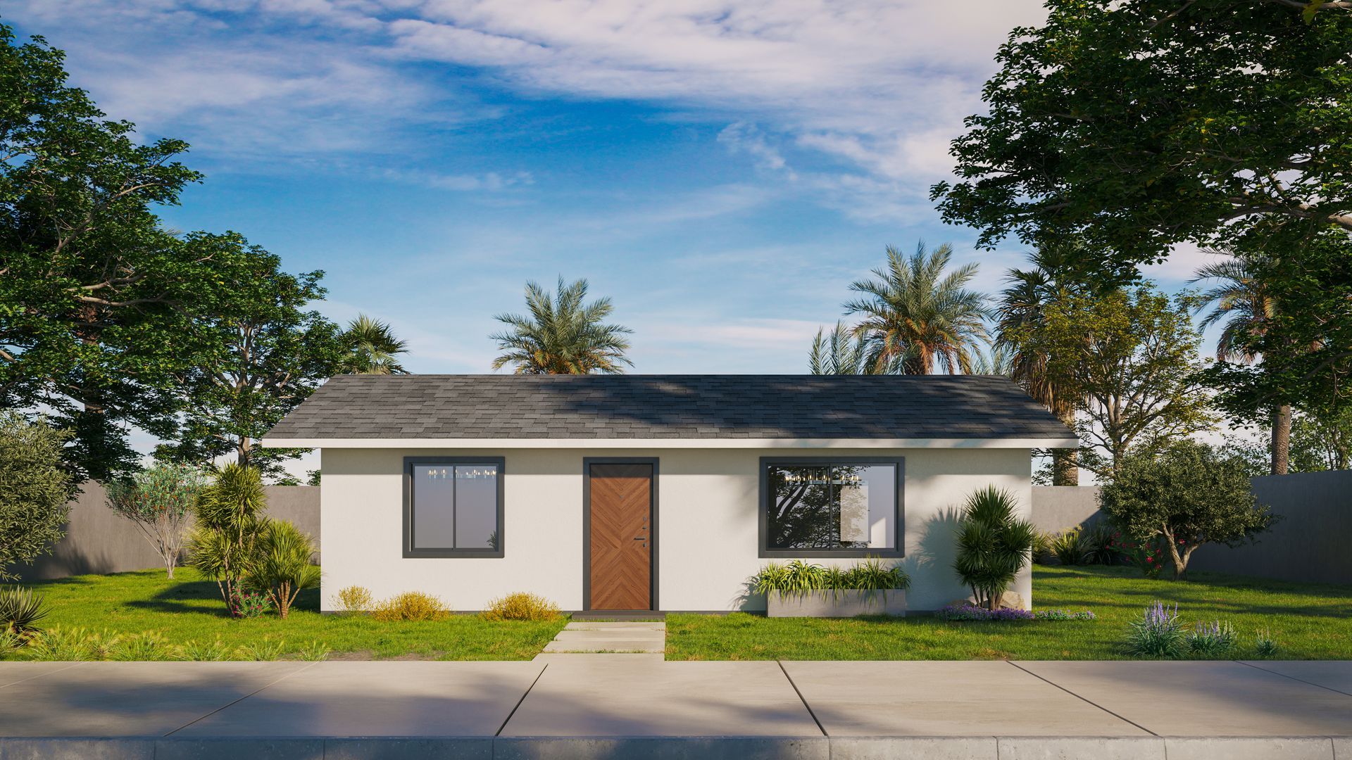 Small white single-story house with a brown door, front windows, and a landscaped yard on a sunny street.