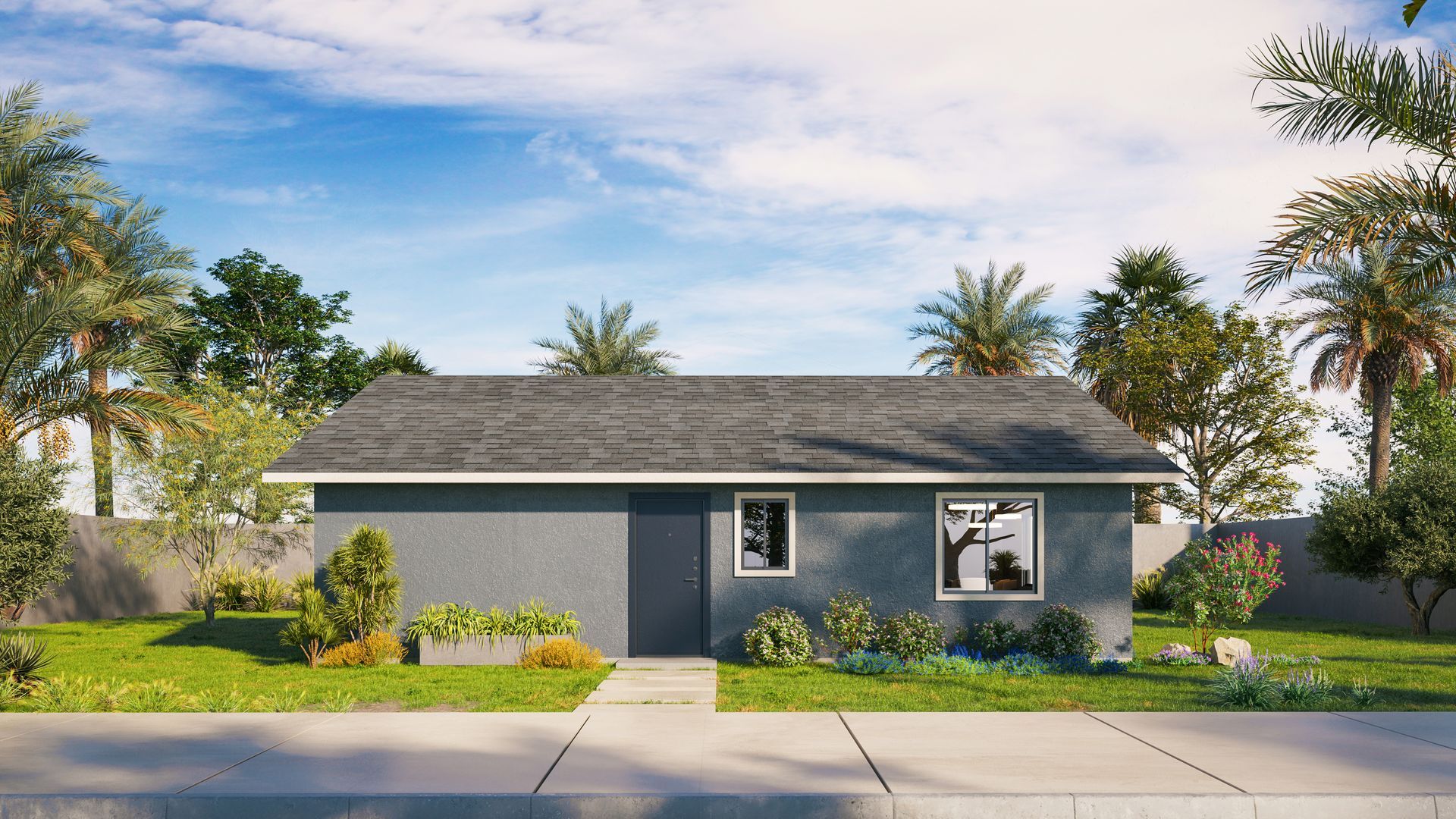 Single-story gray house with a dark roof, front lawn, and palm trees under a bright sky