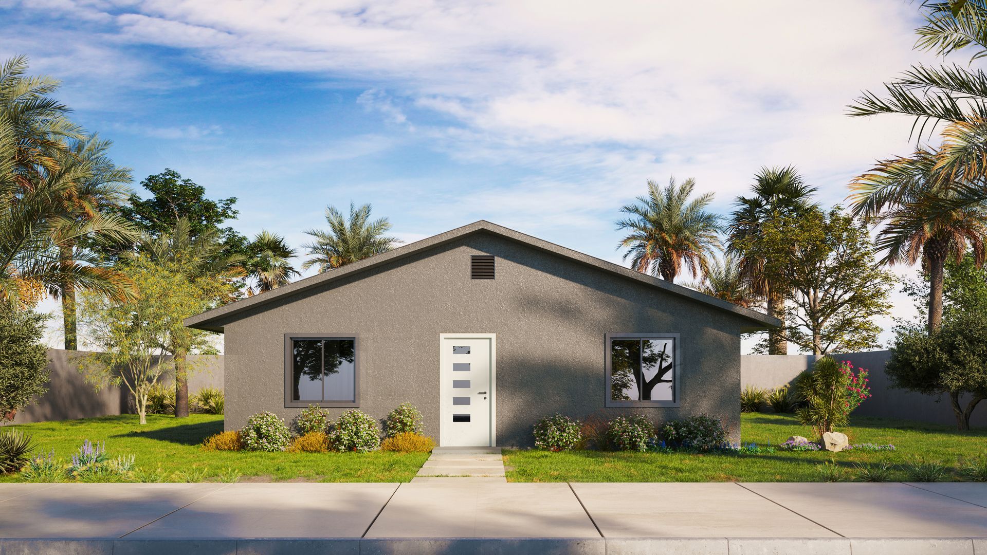 Single-story beige house with white door, front yard shrubs, palm trees, and sidewalk under a blue sky