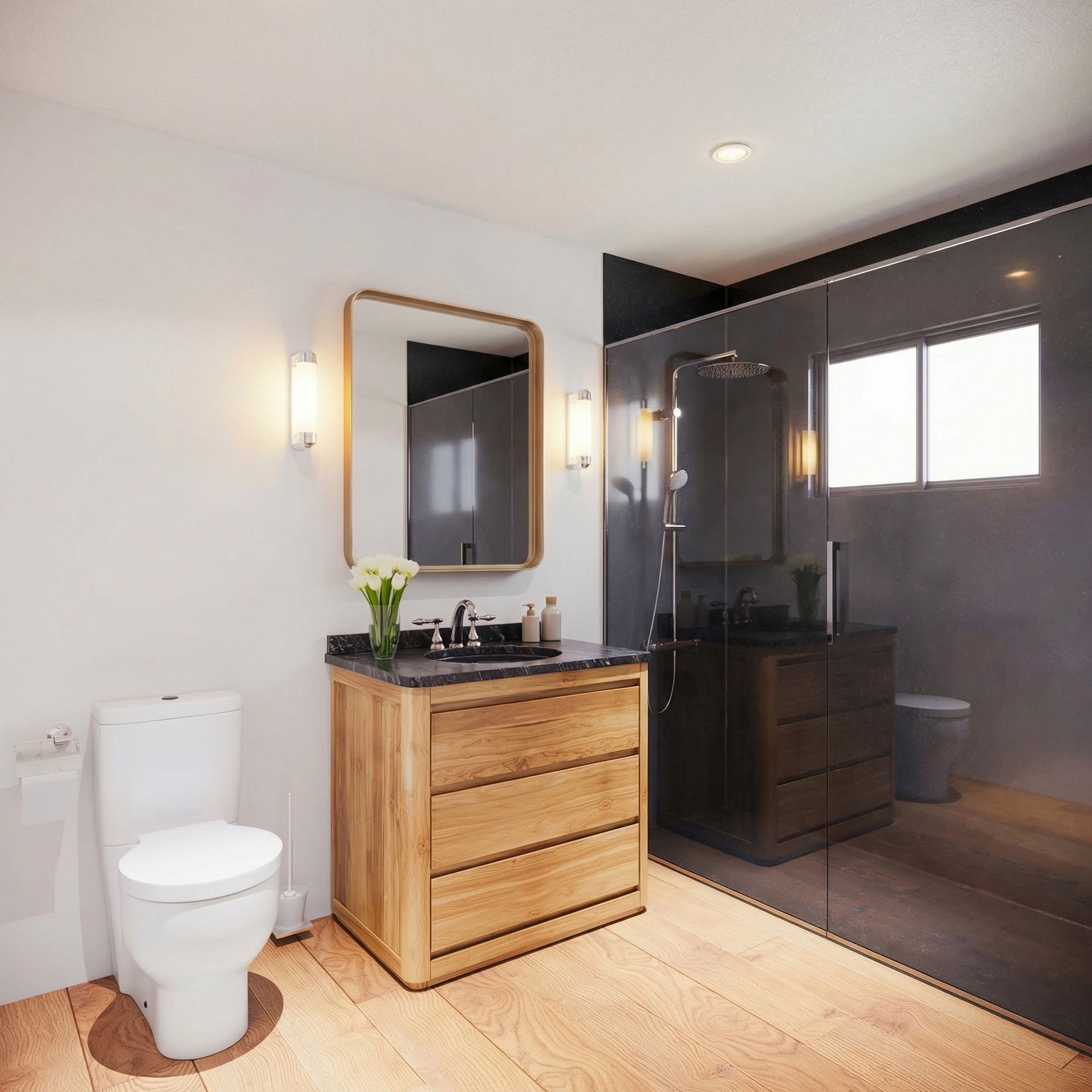 Modern bathroom with wood vanity, white toilet, black glass shower, and mirror-lit sink area