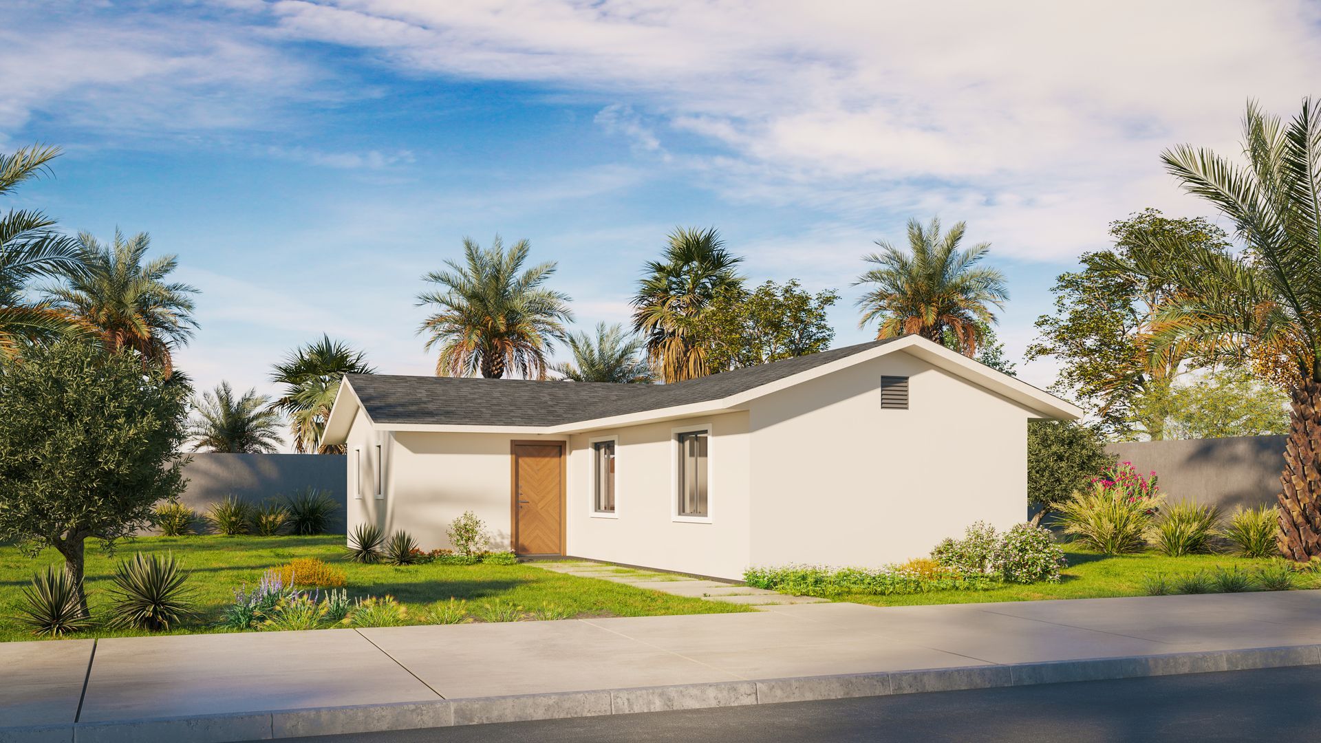 Modern white single-story house with a landscaped front yard, palm trees, and a bright blue sky.