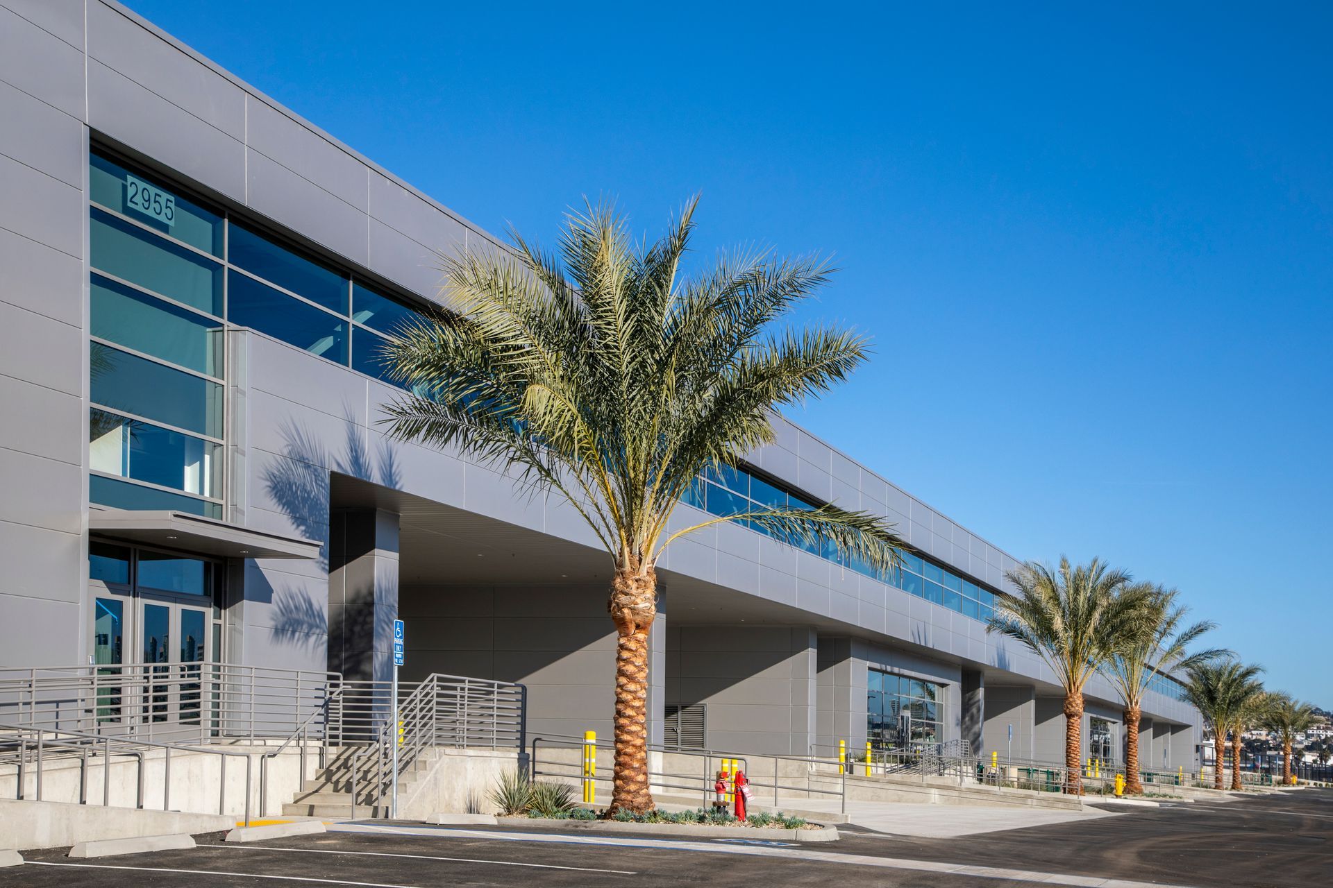 Modern glass office building with palm trees and clear blue sky