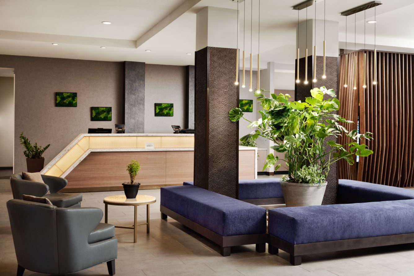 Modern hotel lobby with blue sectional seating, armchairs, potted plants, and marble columns