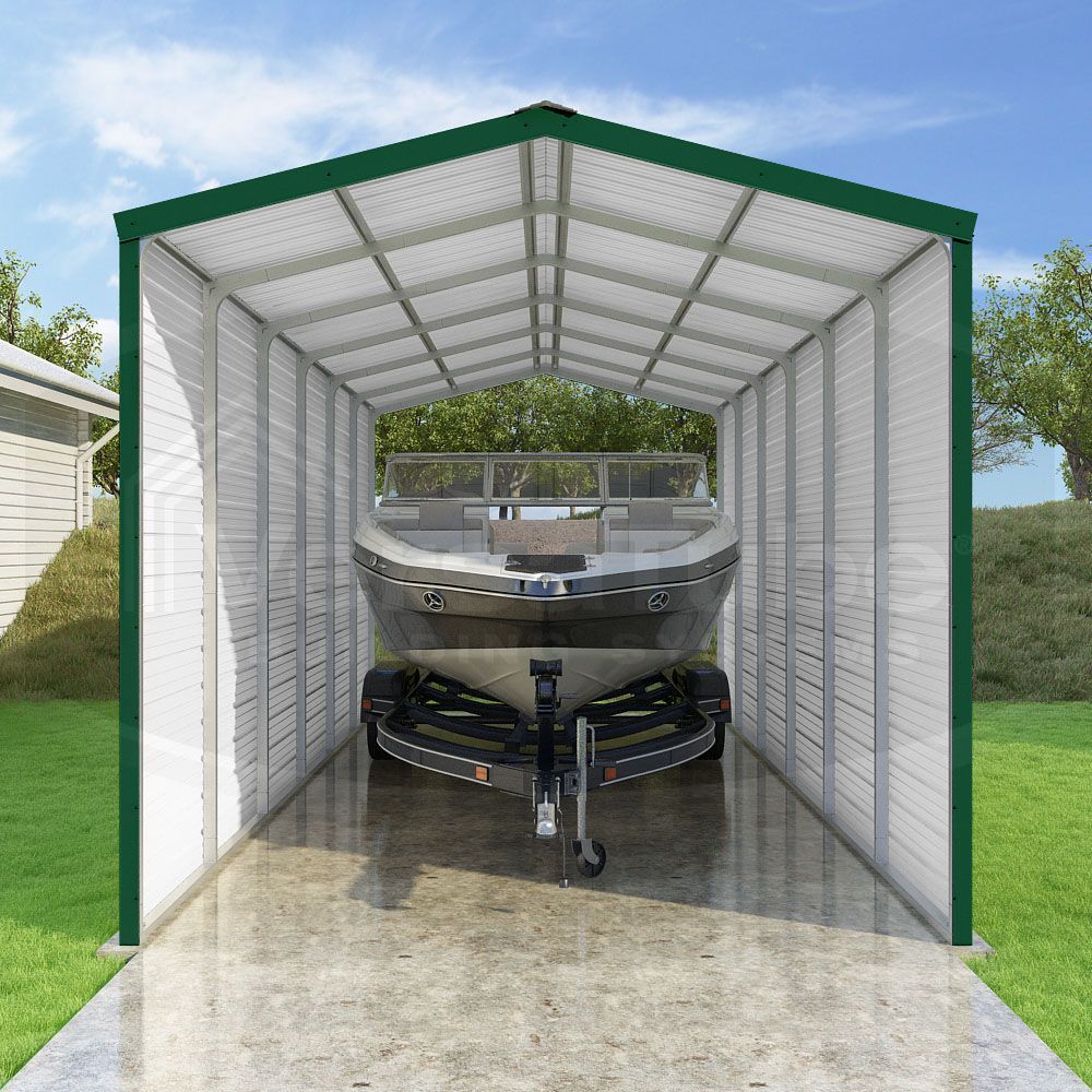Boat stored inside a white metal shed with green trim, parked on a trailer on a concrete floor.