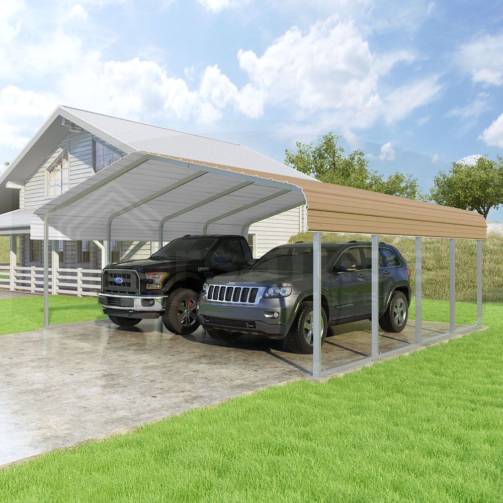 Two SUVs parked under a metal carport beside a house on a sunny lawn