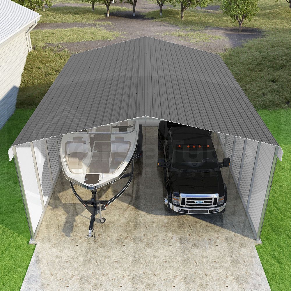Covered driveway with a black truck and boat under a gray metal carport