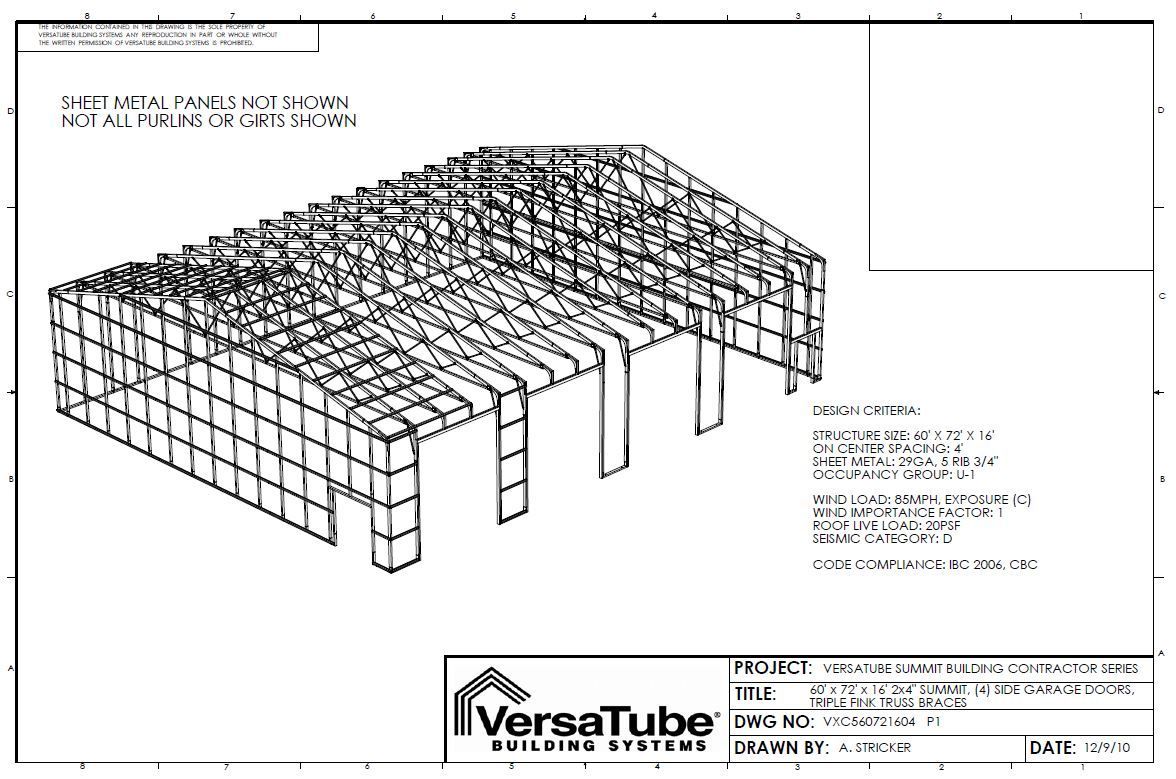 Architectural framing plan showing a 3D wireframe steel building layout with dimensions and notes