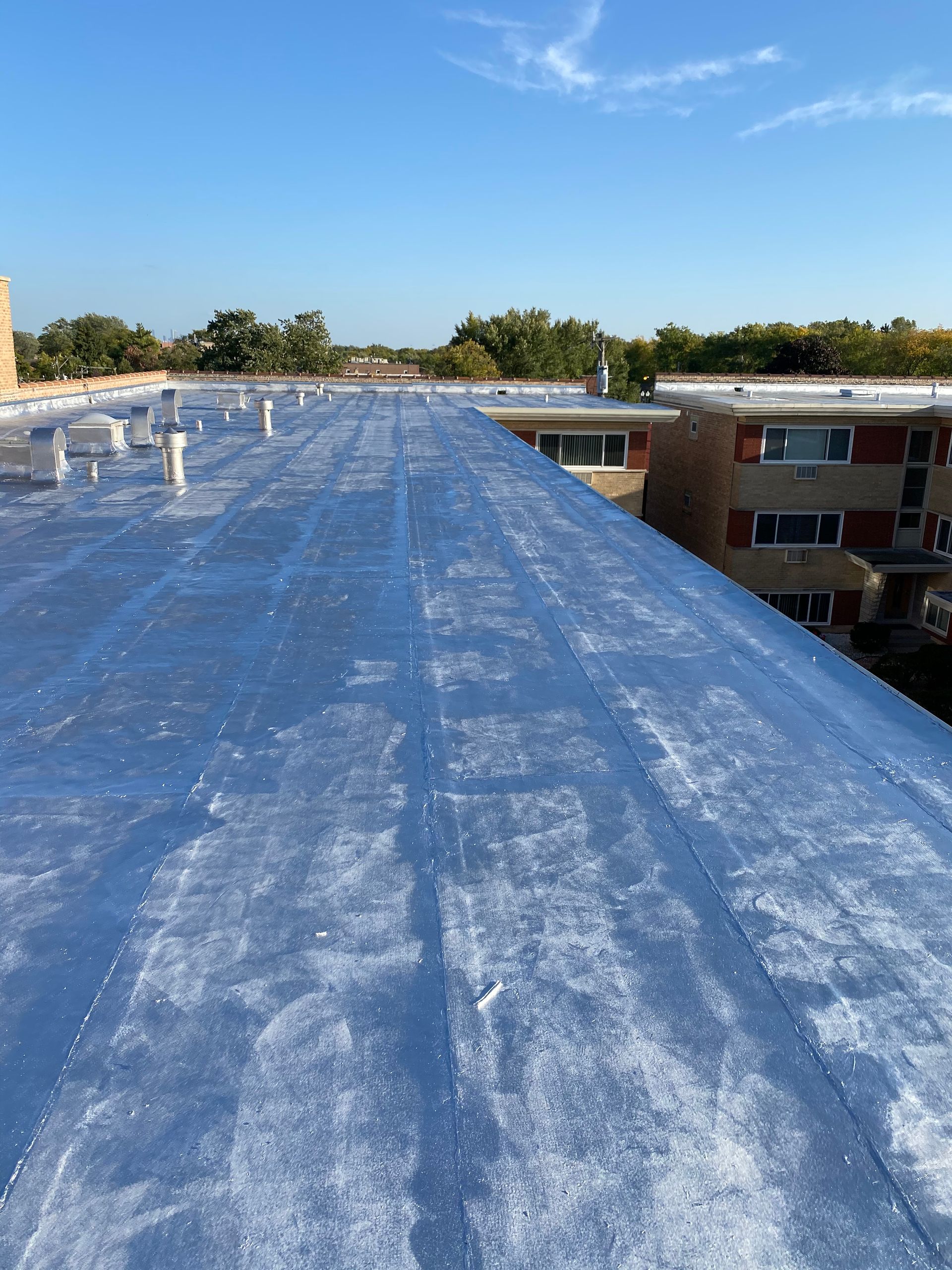 Blue tarped rooftop under a clear sky, with a building and trees in the distance.