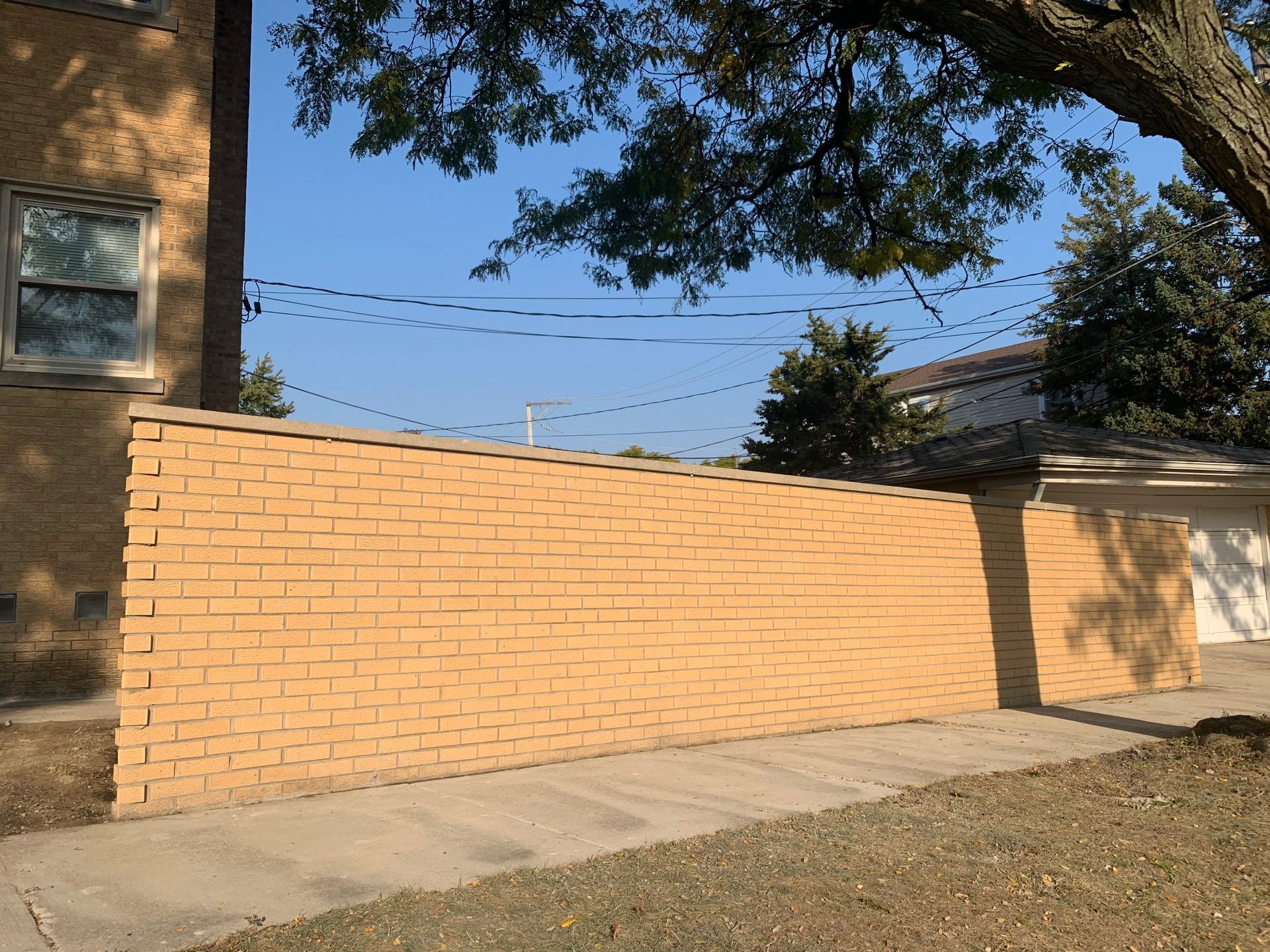 Brick wall along a sidewalk beside a building, with trees casting shadows overhead.